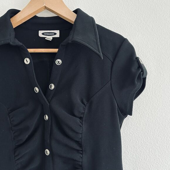 VTG Y2K Ruched Bodycon Dress Sz 8 Black Stretch Silver Button CorporateGoth Punk - Picture 6 of 12